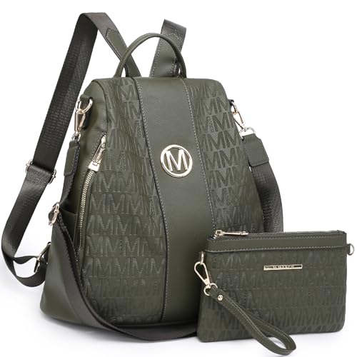 MKP COLLECTION 2 Stück Mode Damen Rucksack Tasche Rucksack Tasche mit Schultergurt und Tasche, Mehrere Taschen Anti-Diebstahl für Reisen, olivgrün, 38 von MKP COLLECTION