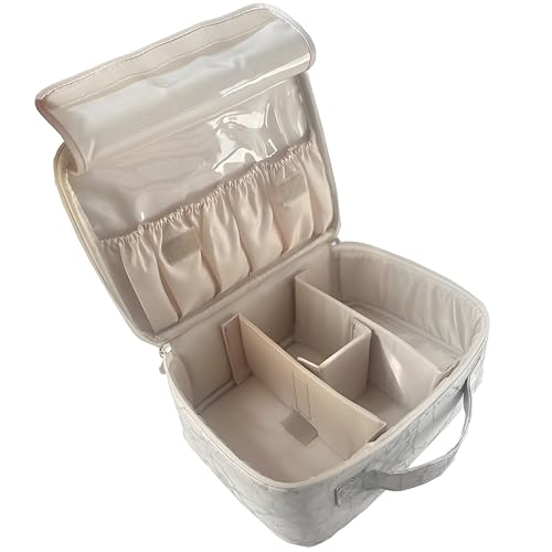 MKPCW Multifunktionale Reise-Make-up-Tasche Kosmetik-Organizer mit abnehmbaren Trennwänden, Pinselhalter & Koffergurt – wasserdichte große Toilettentasche für Damen (Weißer Marmor) von MKPCW