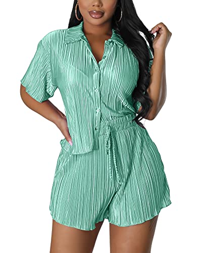 MKQW Damen 2-teiliges Plissee-Outfits, Sommer, lässig, kurzärmelig, Urlaub, Button-Down-Shirt, Shorts, zweiteiliges Set, B Cyan, M von MKQW