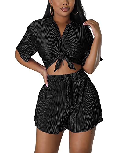 MKQW 2-teiliges Plissee-Outfit für Damen, Sommer, lässig, kurzärmelig, Urlaub, Button-Down-Shirt, Shorts, zweiteiliges Set, Schwarz, S von MKQW