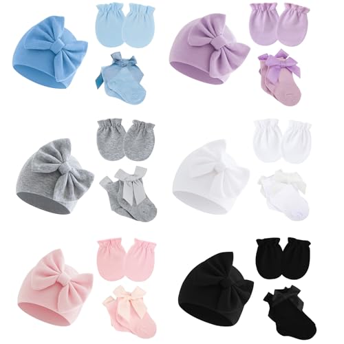 MKYSZLT Frühchenmütze, Fäustlinge und Socken, 6 Stück, Baumwollschleifen-Kappen und kratzfeste Frühchen-Fäustlinge für Babys und Mädchen MKYSZLT Frühchenmütze, Fäustlinge und Socken, 6 Stück, Baumwollschleifen-Kappen und kratzfeste Frühchen-Fäustlinge für Babys und Mädchen von MKYSZLT