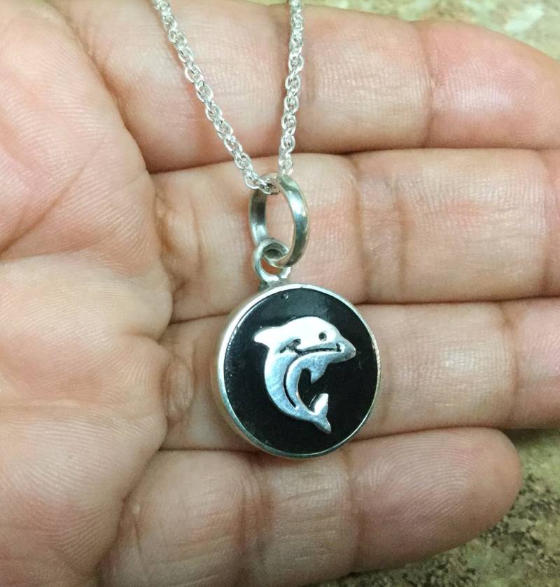 Delfin Charm Anhänger, 950 Sterling Silber Schwarzer Onyx Stein Schmuck von MKcreationsCrafts