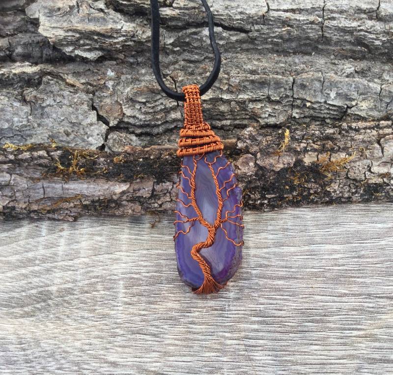 Lila Achat Lebensbaum Anhänger Halskette, Draht Gewickelt Kupfer von MKcreationsCrafts