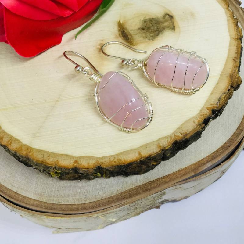 Rosenquarz Ohrringe Mit Sterling Silber, Rosa Edelstein Draht Gewickelte von MKcreationsCrafts