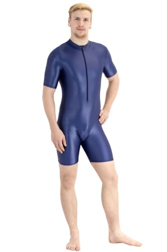 ML-Sport24 Herren Wetlook Ganzanzug kurze Ärmel kurze Beine Kragen Frontreißverschluss Jumpsuit Catsuit Overall 80% Polyamid 20% Elasthan L, Schwarz von ML-Sport24