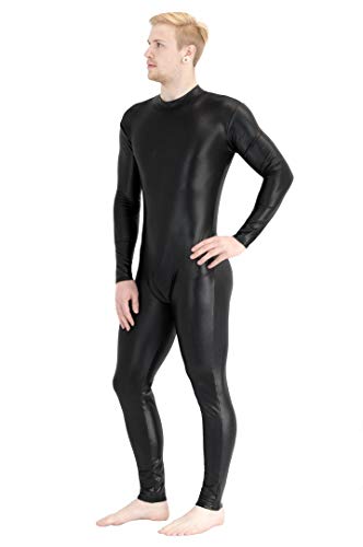 ML-Sport24 Herren Wetlook Ganzanzug lange Ärmel lange Beine Kragen Rücken- und Schritt-RV Jumpsuit Catsuit Overall 80% Polyamid 20% Elasthan L, Schwarz von ML-Sport24