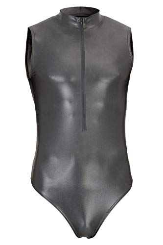 ML-Sport24 Wetlook Herren Stringbody mit Kragen Frontreißverschluss ohne Ärmel, glänzend, stretch, 80% Polyamid 20% Elasthan XXL, Schwarz von ML-Sport24