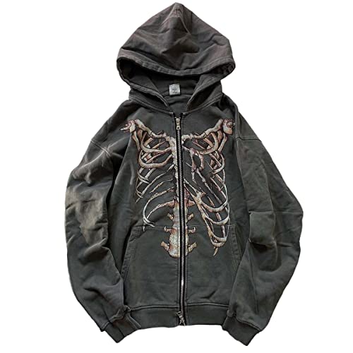 Gothic Kapuzenpullover Retro Knochen Print Kapuzenpullover Y2K Kapuzenpullover Grunge Kapuzenpullover Harajuku Kapuzenpullover, GRAU, XX-Large von MLAFE