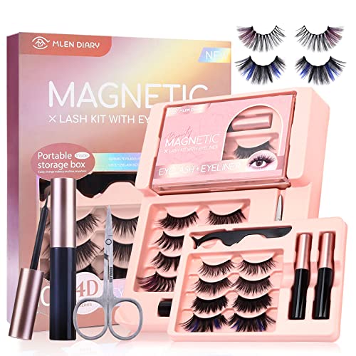 Mlen Diary Magnetische Wimpern mit Eyeliner und tragbarer Box Gemischte 10-Stile Magnetische Falsche Wimpern Natural Look Wimpern 10-Paare (8 schwarz+ 2 Farbe) von MLEN DIARY