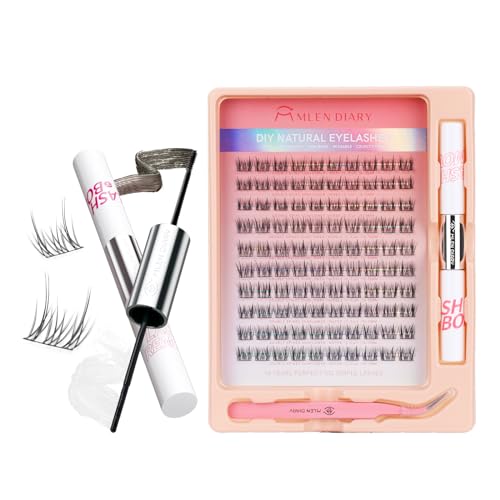 Mlen Diary Wimpern Extensions, 132pcs 9-12mm Falsche Wimpern mit Lash Bond und Seal Remover, Pinzette, Individuelle D Curl Manga Cluster Wimpern, Natürliches Aussehen DIY Wimpernverlängerung Kit von MLEN DIARY