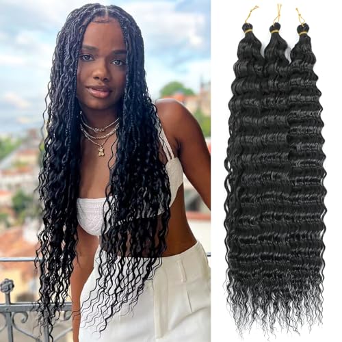 MLETULIPS Ocean Wave Crochet Hair Extensions Deep Wave Braiding Crochet Hair Soft Synthetic Curly Braiding Crochet Hair for Black Women (1B, 22 inch (pack of 3）) von MLETULIPS