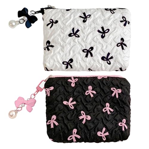 MLPKOI 2 Stück Mini Kosmetiktasche, Kleine Make-up-Tasche für Handtasche Reise-Make-up-Tasche mit Metall Reißverschluss Schleife und Perlenanhänger für Damen und Mädchen von MLPKOI