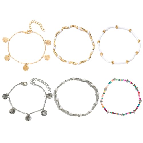 MLPKOI Muschelkette damen Fußkettchen Set für Damen, Boho Perlen Verstellbares Fußkettchen Stapelbare Wasserfester Strand Fußschmuck Sommer Strand Schmuck Set von MLPKOI