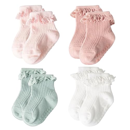 MLPKOI 4 Paar Säugling Rüschen Spitze Socken, Säugling Rüschenspitze Knöchel Socken Bequem und Atmungsaktiv Baby Söckchen Neugeborene Kleid Taufe von MLPKOI