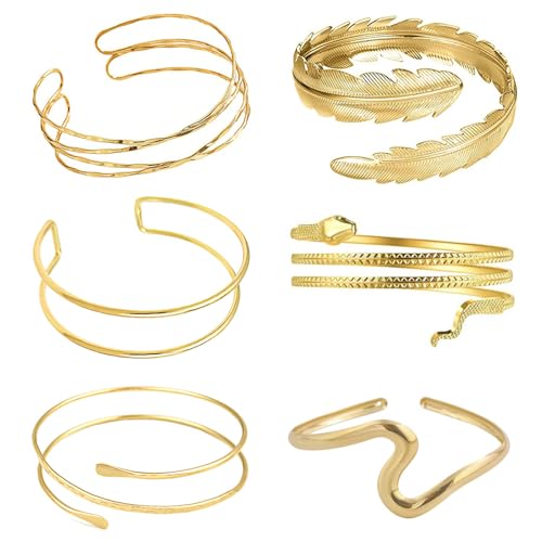 MLPKOI 6 Stück Armreif Gold Damen Set, Verstellbares Oberarmreif Schmuck Boho Minimalistische Spule Oberes Armband für Minimalistisch, Hochzeit, Modeschmuck von MLPKOI