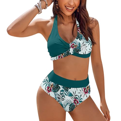 MLPKOI Damen Bikini Set V Ausschnitt Knoten vorne High Waist Crossback Bademode Blumenmuster Zweiteiliger Badeanzug Swimsuit XL von MLPKOI
