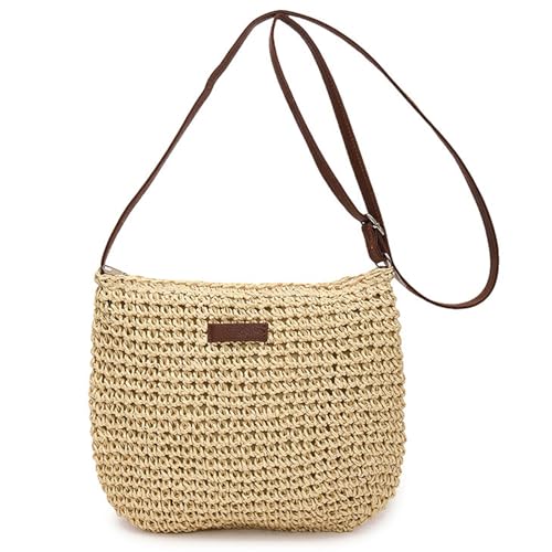 MLPKOI Strohtasche Damen Stroh Leder Umhängetasche Sommer Strandtasche Bohemian Handtasche Crossbody für Frauen Dating Reisen Party Einkaufe Beige von MLPKOI