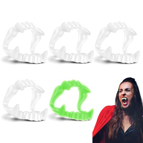 MLRUQRX 5 Pcs Vampirzähne Für Kinder Vampirgebiss Kinderfreundlich Stabil Unbedenklich Gebiss Dracula Vampir Zum Aufstecken Halloween Fasching Weiss Grün von MLRUQRX