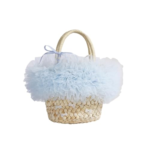 MLSHWUG Damen Bowknot Girly Flauschige Spitze Strand Handtasche Handgemachte Stroh Einkaufstasche Strand Reise,Blau von MLSHWUG