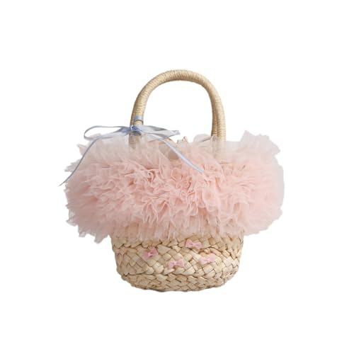 MLSHWUG Damen Bowknot Girly Flauschige Spitze Strand Handtasche Handgemachte Stroh Einkaufstasche Strand Reise,Rosa von MLSHWUG