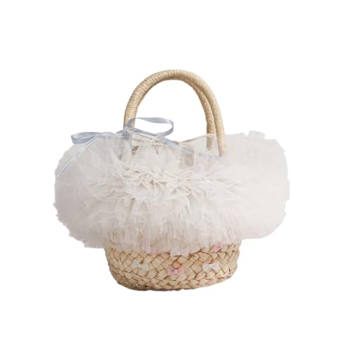 MLSHWUG Damen Bowknot Girly Flauschige Spitze Strand Handtasche Handgemachte Stroh Einkaufstasche Strand Reise,Weiß von MLSHWUG