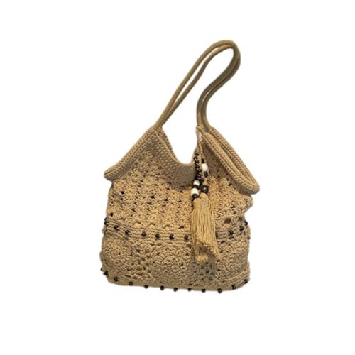 MLSHWUG Damen Handgewebte Strand Umhängetasche Sommer Mesh Strick Casual Einkaufstasche Mit Quasten Perlen,Khaki,32cm*1cm*38cm von MLSHWUG
