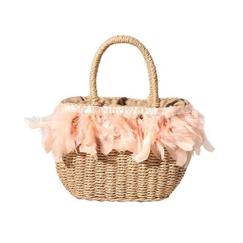 MLSHWUG Frauen Handgemachte Strohfeder Trim Sommer Strand Handtasche Rattan Gewebte Urlaub Einkaufstasche,Pink Feather Coffee Color von MLSHWUG