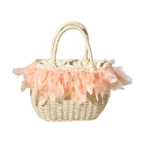 MLSHWUG Frauen Handgemachte Strohfeder Trim Sommer Strand Handtasche Rattan Gewebte Urlaub Einkaufstasche,Pink Feather beige Color von MLSHWUG