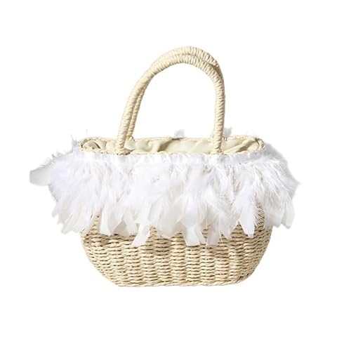MLSHWUG Frauen Handgemachte Strohfeder Trim Sommer Strand Handtasche Rattan Gewebte Urlaub Einkaufstasche,White Feather beige Color von MLSHWUG