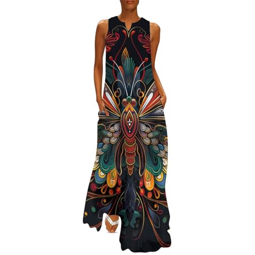 Damen Kleider, Farbiger Schmetterling Lang Maxikleid, Jugendstil Freizeit Lockeres Sommerkleid, Ärmellos Strandkleid Bodenlanger Rock mit Taschen, Schwarz von MLSOWM