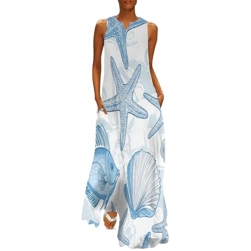 Damen Kleider, Fische, Seesterne und Muscheln Lang Maxikleid, Linie Meeresleben Freizeit Lockeres Sommerkleid, Ärmellos Strandkleid Bodenlanger Rock mit Taschen, Hellblau von MLSOWM