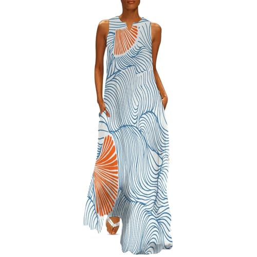 Damen Kleider, Linienmuscheln und Wellen Lang Maxikleid, Ozean-Thema Freizeit Lockeres Sommerkleid, Ärmellos Strandkleid Bodenlanger Rock mit Taschen, Hellblau von MLSOWM