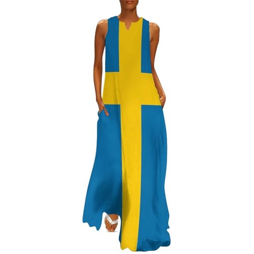MLSOWM Damen Kleider Bohemien Freizeit Lose Maxikleid Schweden Flagge Ärmellos Strandkleider Lange Tank Kleid mit Taschen von MLSOWM