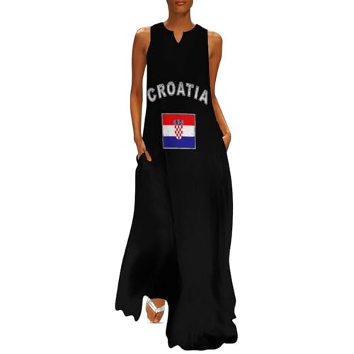MLSOWM Sommerkleid Damen Bohemien Ärmellos Strandkleid Kroatien Flagge V-Ausschnitt Lose Maxikleid Lang Tankkleid mit Taschen von MLSOWM