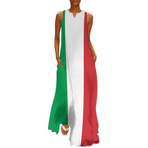 MLSOWM Sommerkleid Damen Italienische Flagge Ärmellos Strandkleid Flagge von Italien V-Ausschnitt Lose Maxikleid Lang Tankkleid mit Taschen von MLSOWM