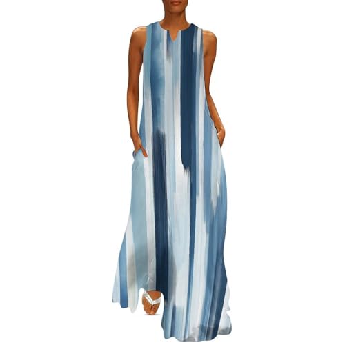 Maxikleid Damen, Blaue vertikale Streifen mit Farbverlauf Sommerkleider Retro-Stil Strandkleid Lang Freizeitkleid Ärmellos Tank Top Kleid mit Taschen Langes Lockeres Bodenlanger Rock von MLSOWM
