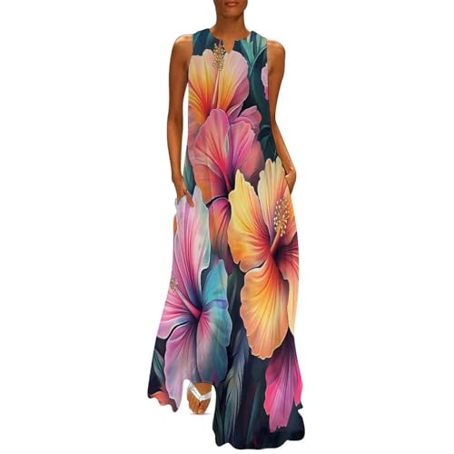 Maxikleid Damen, Bunte Hibiskusblüten Sommerkleider Tropische Blumen Strandkleid Lang Freizeitkleid Ärmellos Tank Top Kleid mit Taschen Langes Lockeres Bodenlanger Rock von MLSOWM