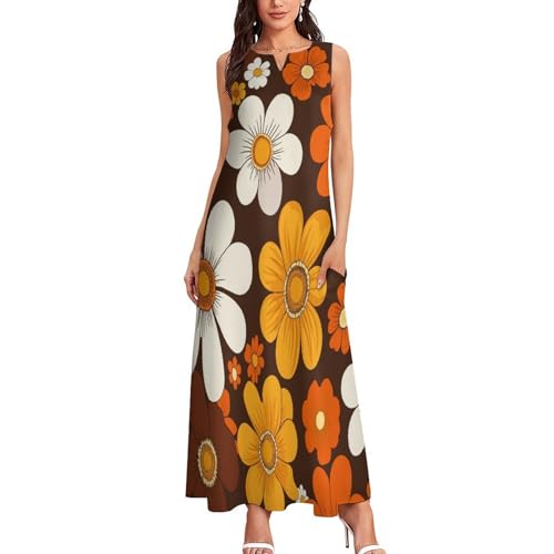 Maxikleid Damen, Retro-Blumen Sommerkleider 70er Jahre Stil Strandkleid Lang Freizeitkleid Ärmellos Tank Top Kleid mit Taschen Langes Lockeres Bodenlanger Rock von MLSOWM