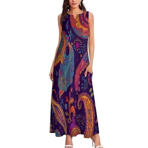 Sommerkleid Damen Lang, Paisley-Muster A Linien Maxikleid, Indischer ethnischer Stil Luftiges Partykleider Mit Taschen Langer Plissee Dress Freizeitkleid von MLSOWM