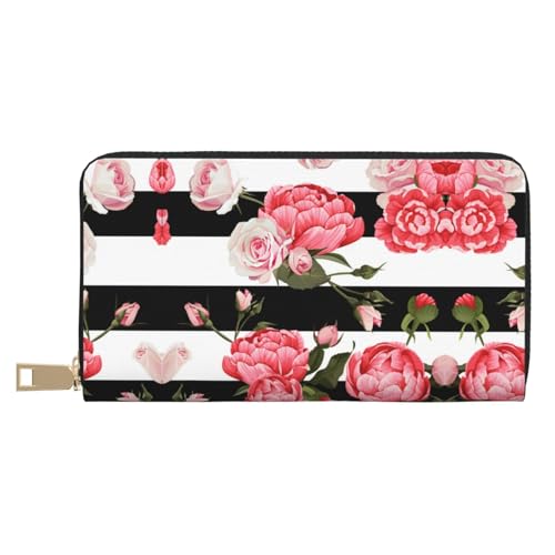 MLTRFGJ Bohemian Lotus Flower Durable Printed and Fashionable Leather Wallet with Secure Zipper Closure, Schwarz-weiß gestreifte Blumen, Einheitsgröße von MLTRFGJ