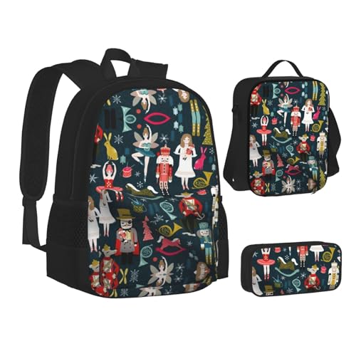 MLTRFGJ Damen Nussknacker Ballett Xmas Dance bedrucktes 3-teiliges Rucksack-Set kombiniert Rucksack, Federmäppchen und Lunchtasche, Schwarz , Einheitsgröße, Schulranzen von MLTRFGJ