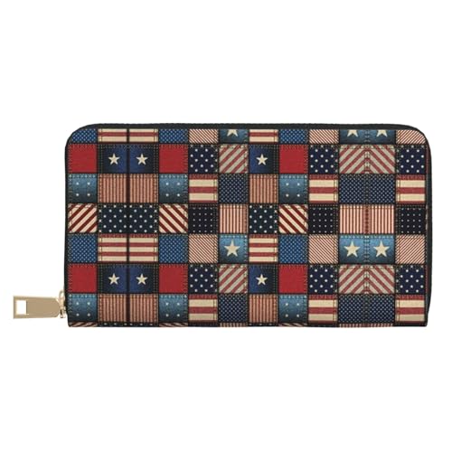 MLTRFGJ Elch Mountain Pine Tree Wilderness Durable Printed and Fashionable Leather Wallet with Secure Zipper Closure, Amerikanische Flagge Patchwork, Einheitsgröße von MLTRFGJ