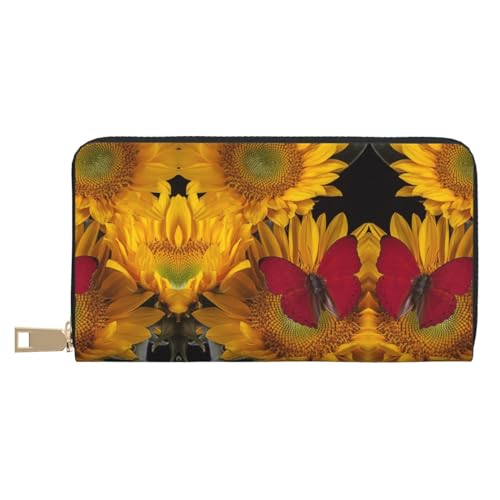 MLTRFGJ Gecko Lizards Durable Printed and Fashionable Leather Wallet with Secure Zipper Closure, Gelbe Sonnenblumen mit rotem Schmetterling, Einheitsgröße von MLTRFGJ