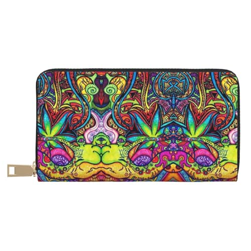 MLTRFGJ Magic Witch Witchcraft Bohemian Drawing Durable Printed and Fashionable Leather Wallet with Secure Zipper Closure, Mehrfarbige Marihuana-Blatt-Unkrautkunst, Einheitsgröße von MLTRFGJ