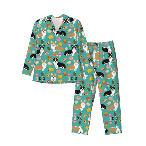 MLTRFGJ Niedliches Corgi-bedrucktes Herren-Pyjama-Set, langärmelig, bequemer und modischer Schlafanzug, Schwarz , M von MLTRFGJ