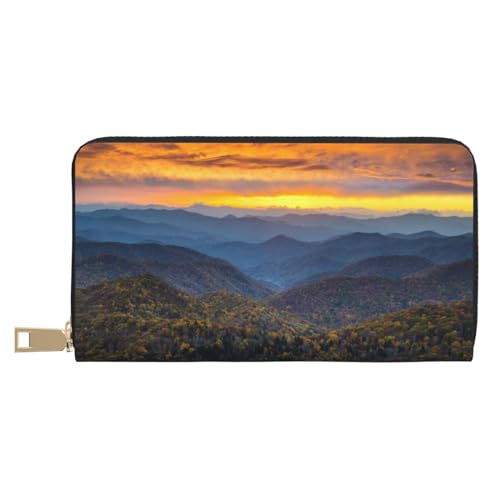 MLTRFGJ Schwarz-goldener Hintergrund, strapazierfähige, bedruckte und modische Ledergeldbörse mit sicherem Reißverschluss, Blue Ridge Parkway Mountains, Einheitsgröße von MLTRFGJ