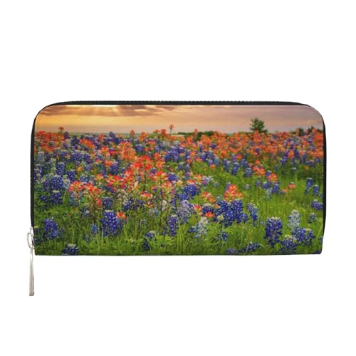 MLTRFGJ Texas Bluebonnets Scenery Printed Leather Handheld Wallet Mobile Wallet Credit Card Holder, Schwarz , Einheitsgröße von MLTRFGJ