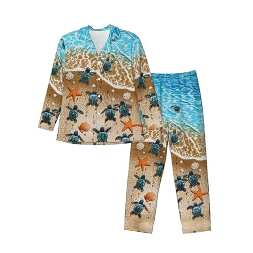 MLTRFGJ Turtles On The Beach bedrucktes Herren-Pyjama-Set, langärmelig, bequemer und modischer Schlafanzug, Schwarz , S von MLTRFGJ