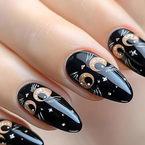 24pcs Press Auf Nägel Glänzend Glänzende Mandelform False Nägel Mit Schwarzen Katzen Konstruktionen Klebstoffe Auf Nägeln Für Frauen Nägel Kunst von MLWSKERTY