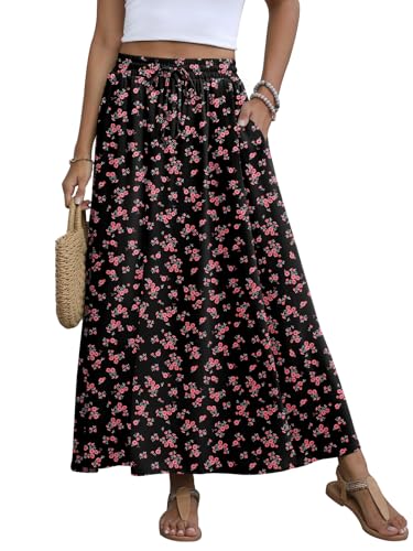 MLXSJ Damen Maxirock Sommer 2024, plissiert, fließend, elastisch, hohe Taille, Röcke mit Taschen, Rotes Blumenmuster in Schwarz, Mittel von MLXSJ